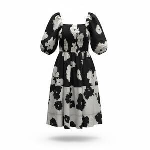 Tanya Taylor Karena Dress Shadow Blossom Black Multi Smocked Puff Sleeve XL